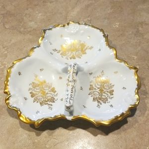 Hand painted 3 section white with gold trim serving dish.